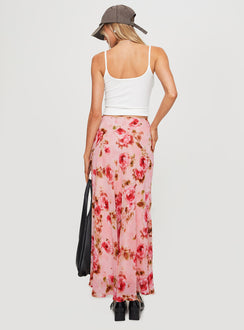 back view of model wearing Princess Polly Vespera Maxi Skirt Pink Maxi 
