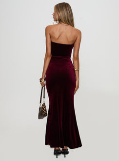 back view of model wearing Princess Polly Irena Strapless Maxi Dress Burgundy Sweetheart Neckline 