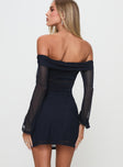 back view of model wearing Princess Polly Blueprint Mesh Long Sleeve Mini Dress Navy Straight Neck 