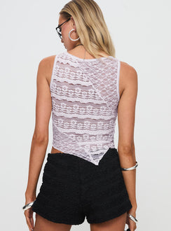 back view of model wearing Princess Polly Tavison Lace Top Pastel Purple Sleeveless Crew Neck 