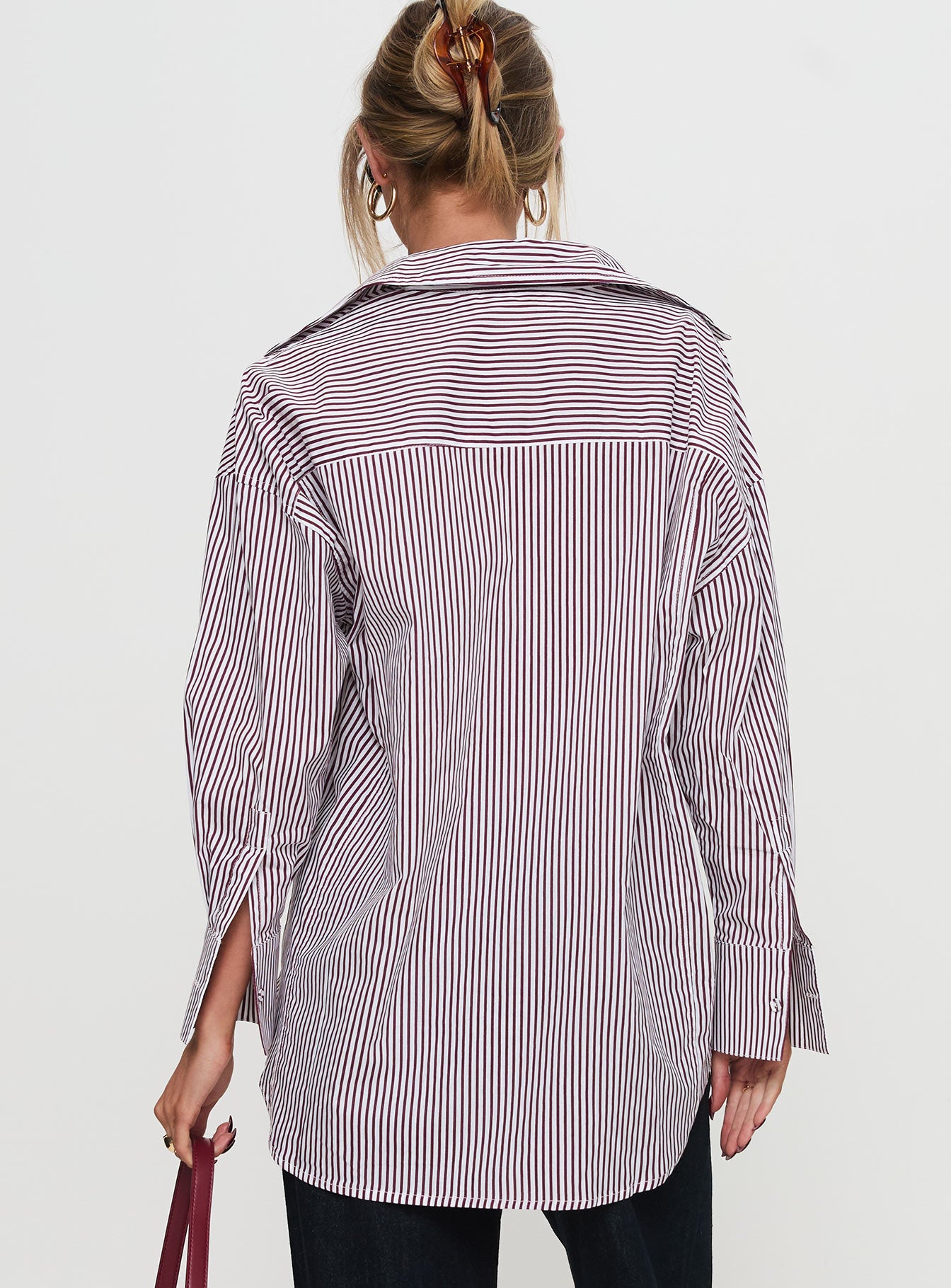 back view of model wearing Princess Polly Takes You Far Shirt Burgundy Stripe Full Sleeves V-Neck 