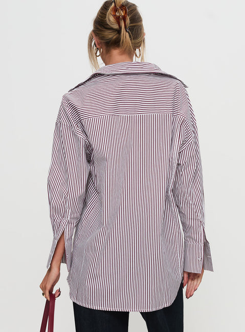 back view of model wearing Princess Polly Takes You Far Shirt Burgundy Stripe Full Sleeves V-Neck 