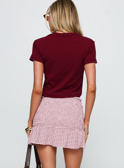 back view of model wearing Princess Polly Real Love Baby Shirred Mini Skirt Red White Check Mini Skirts 