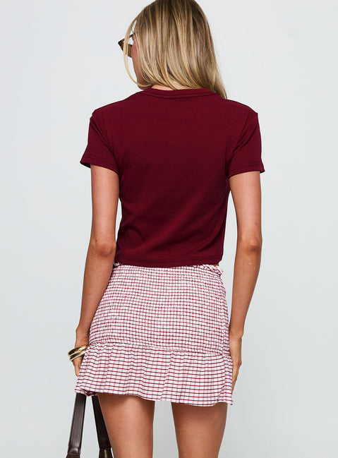 back view of model wearing Princess Polly Real Love Baby Shirred Mini Skirt Red White Check Mini Skirts 