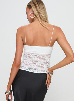 back view of model wearing Princess Polly Pankma Lace Top White Sleeveless Sweetheart 