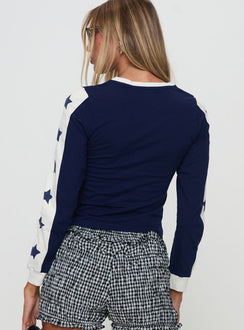 back view of model wearing Princess Polly 72 Athletic Long Sleeve Top Blue Full Sleeves Crew Neck 