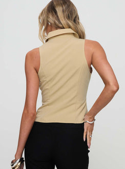 back view of model wearing Princess Polly Bedford Top Beige Sleeveless High Neck 
