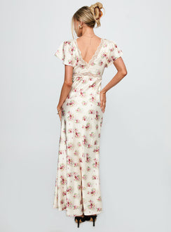 back view of model wearing Princess Polly Miraselle Maxi Dress Cream Floral V-Neck 
