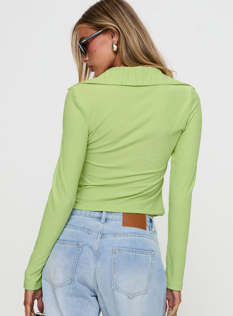 back view of model wearing Princess Polly Echoes Long Sleeve Top Green Full Sleeves V-Neck 