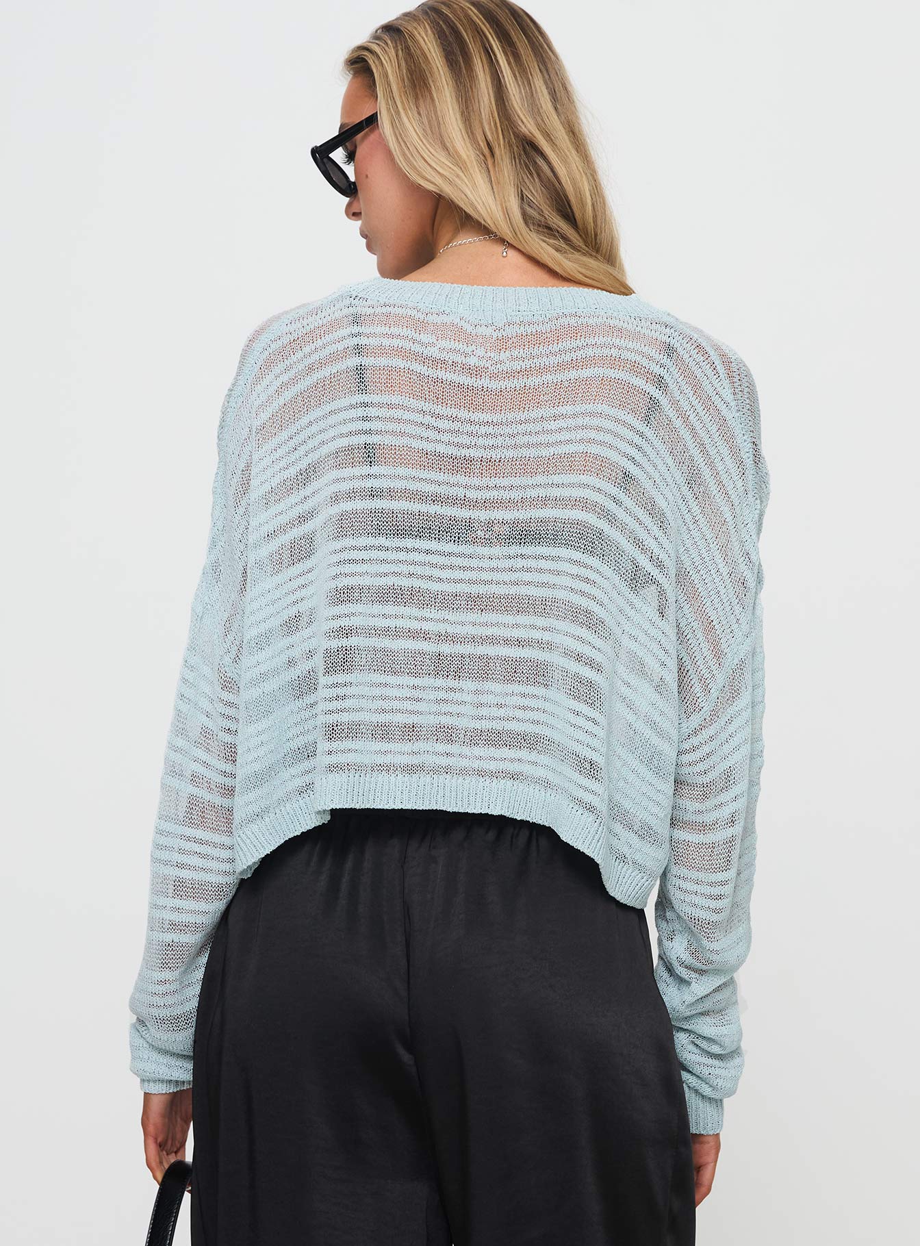 back view of model wearing Princess Polly Obarik Cropped Sweater Blue Cropped 