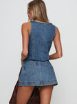 back view of model wearing Princess Polly Stefenie Denim Skort Mid Wash Low Rise Shorts 