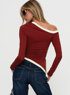 back view of model wearing Princess Polly Fake Smile Long Sleeve Top Burgundy / Cream Full Sleeves Asymmetric Neckline 