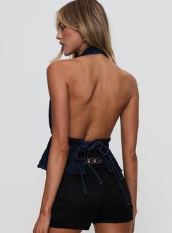 back view of model wearing Princess Polly Sequoia Top Dark Denim Sleeveless Plunger 