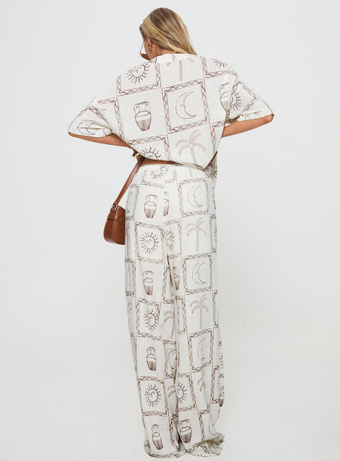 back view of model wearing Princess Polly Sun Dream Pants Cream / Multi High Waisted Pants 