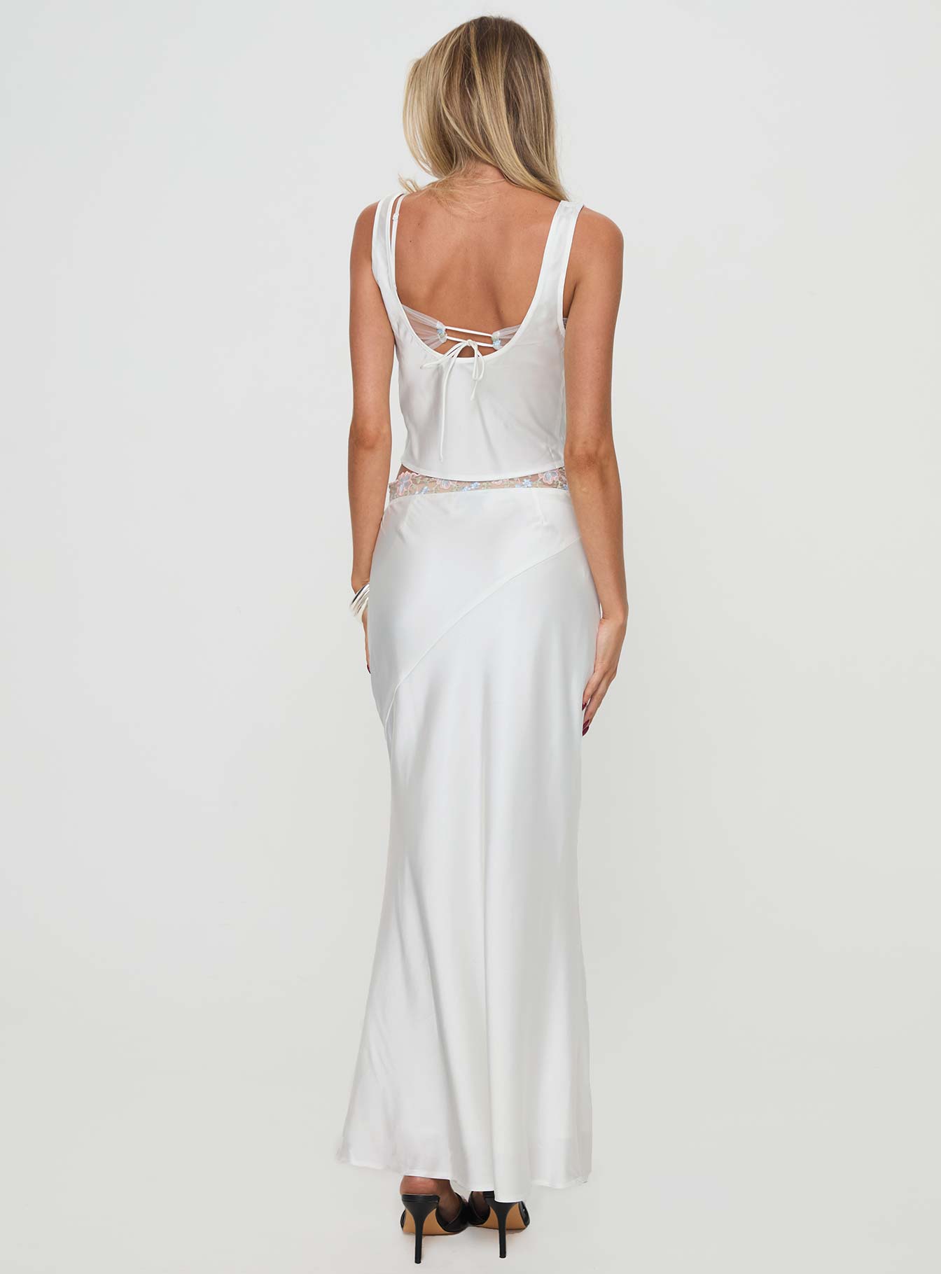 Matching set Silk material look, floral lace detail on bust & waistline, adjustable straps, cowl neckline, invisible zip fastening  Non-stretch material, fully lined  Cold gentle machine wash 