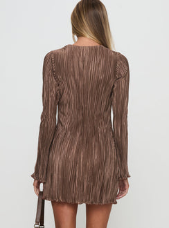 back view of model wearing Princess Polly Malop Long Sleeve Mini Dress Chocolate Petite V-Neck 