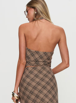 back view of model wearing Princess Polly Terrace Halter Top Brown Check Sleeveless Plunger 