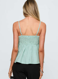 back view of model wearing Princess Polly Peace Of Mind Top Green Stripe Sleeveless Square Neck 