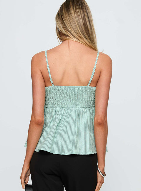 back view of model wearing Princess Polly Peace Of Mind Top Green Stripe Sleeveless Square Neck 
