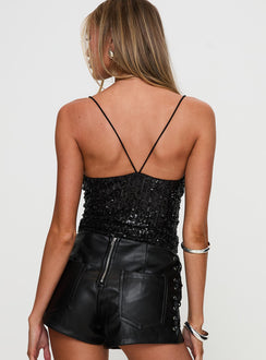 back view of model wearing Princess Polly Strobe Lights Cowl Neck Top Black Glitter Sleeveless Cowl 