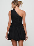 back view of model wearing Princess Polly Debut Bubble Hem Mini Dress Black Asymmetric Neckline 