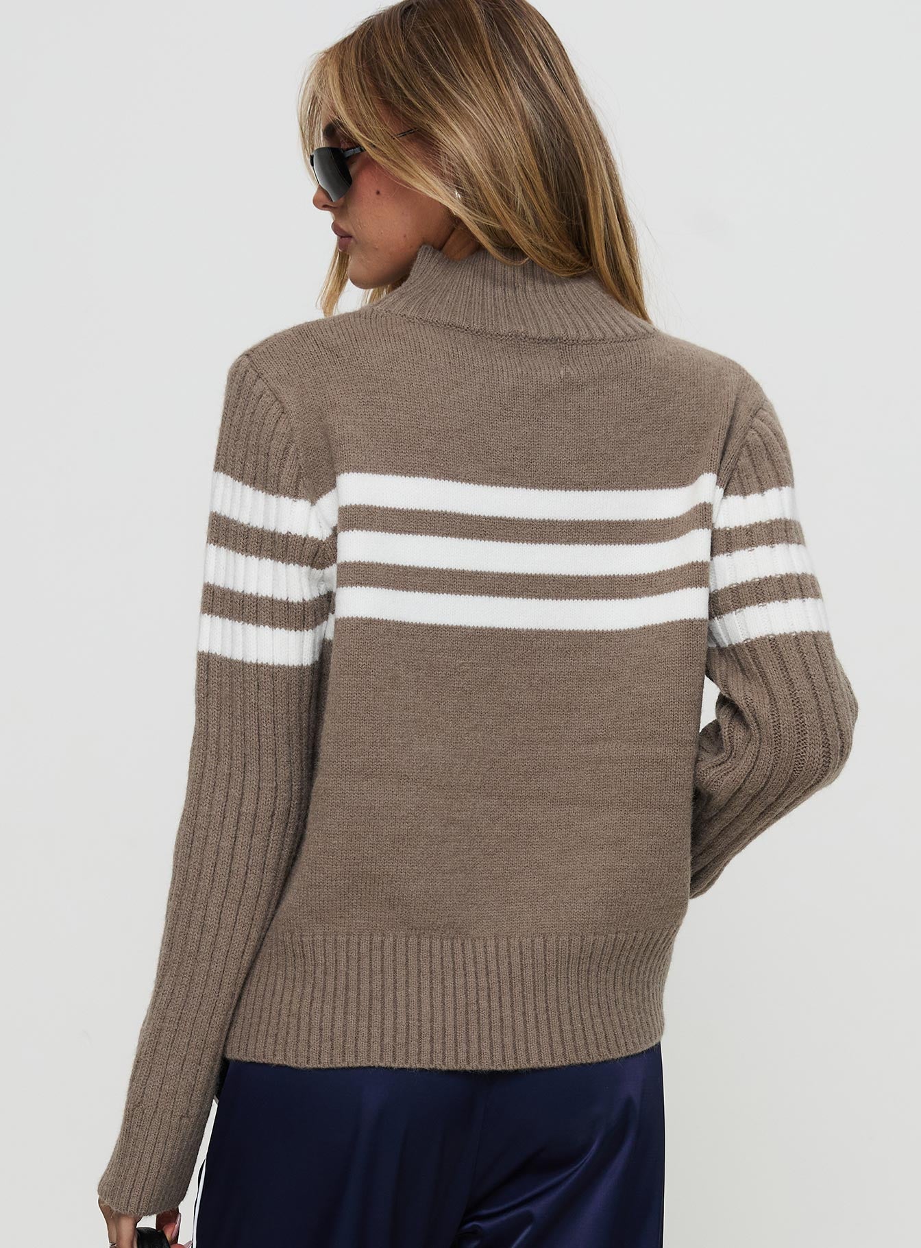 back view of model wearing Princess Polly Bessemer Funnel Neck Knit Sweater Mocha Stripe Long 