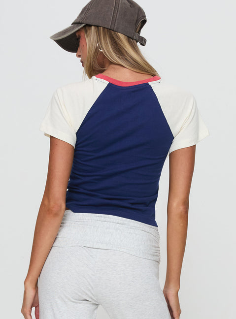 back view of model wearing Princess Polly France Fantasy Top Navy Short Sleeves Crew Neck 