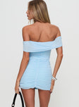 back view of model wearing Princess Polly Dejaview Strapless Mini Dress Blue Straight Neck 