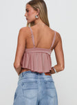 back view of model wearing Princess Polly Corella Top Mauve Sleeveless Plunger 