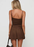 back view of model wearing Princess Polly Andersson Mini Dress Chocolate Sweetheart Neckline 