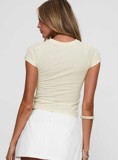 back view of model wearing Princess Polly Late Mornings Top Cream Short Sleeves Crew Neck 