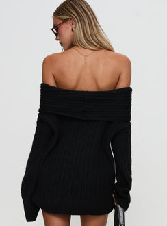 back view of model wearing Princess Polly Snowie Off Shoulder Knit Sweater Black Long 