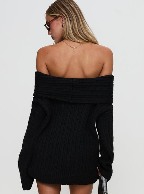 back view of model wearing Princess Polly Snowie Off Shoulder Knit Sweater Black Long 