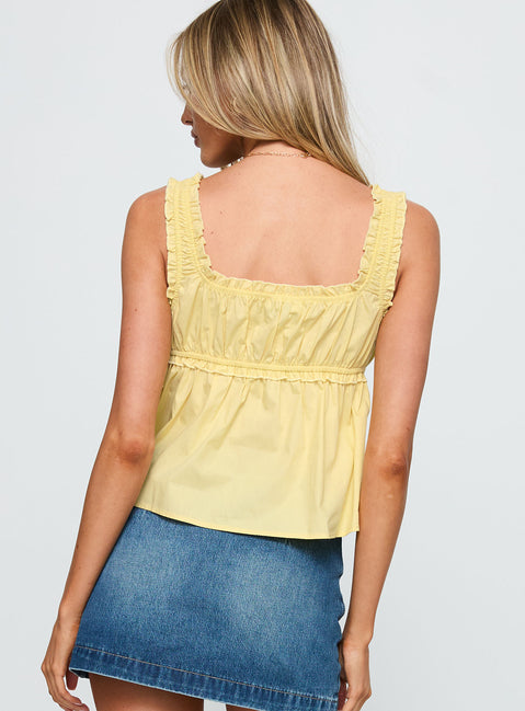 back view of model wearing Princess Polly Thalira Top Yellow Sleeveless Square Neck 