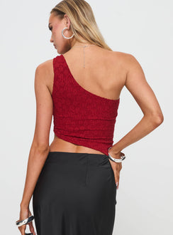 back view of model wearing Princess Polly Toomba One Shoulder Top Blurred Lace Red Sleeveless Asymmetric Neckline 