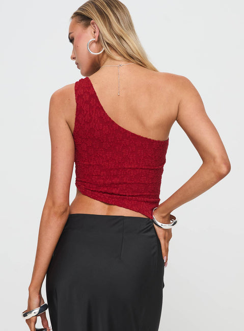 back view of model wearing Princess Polly Toomba One Shoulder Top Blurred Lace Red Sleeveless Asymmetric Neckline 