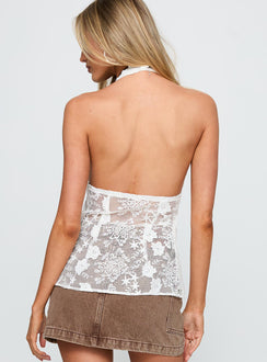 back view of model wearing Princess Polly Elevation Tie Up Longline Top White Sleeveless Plunger 