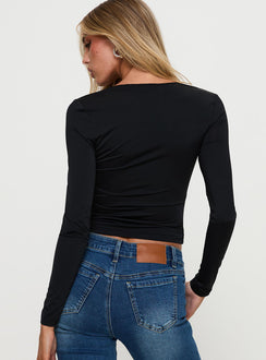 back view of model wearing Princess Polly Xandi Long Sleeve Top Black / Leopard Full Sleeves Square Neck 