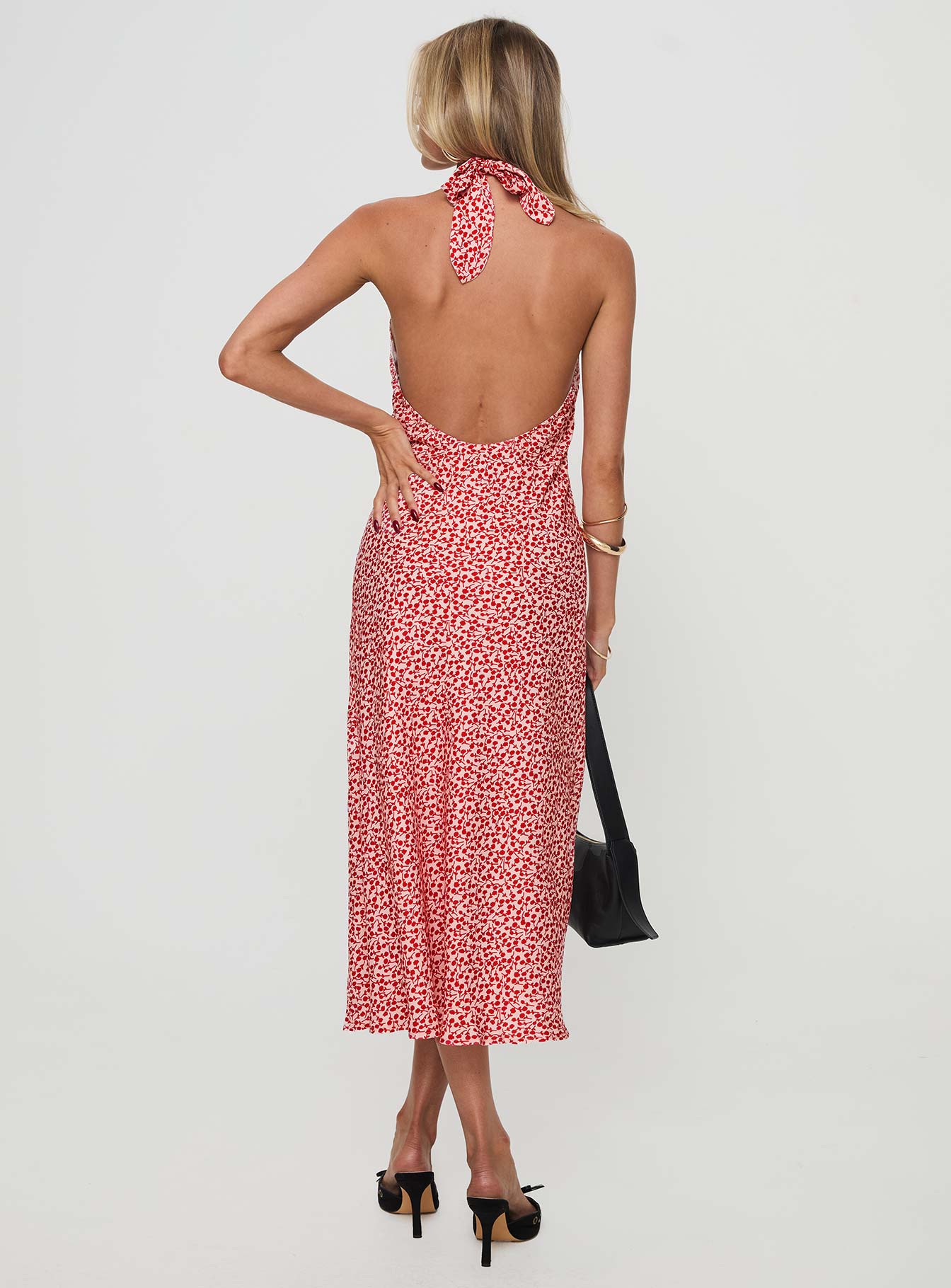 back view of model wearing Princess Polly Danielo Maxi Dress Red Floral Plunger 