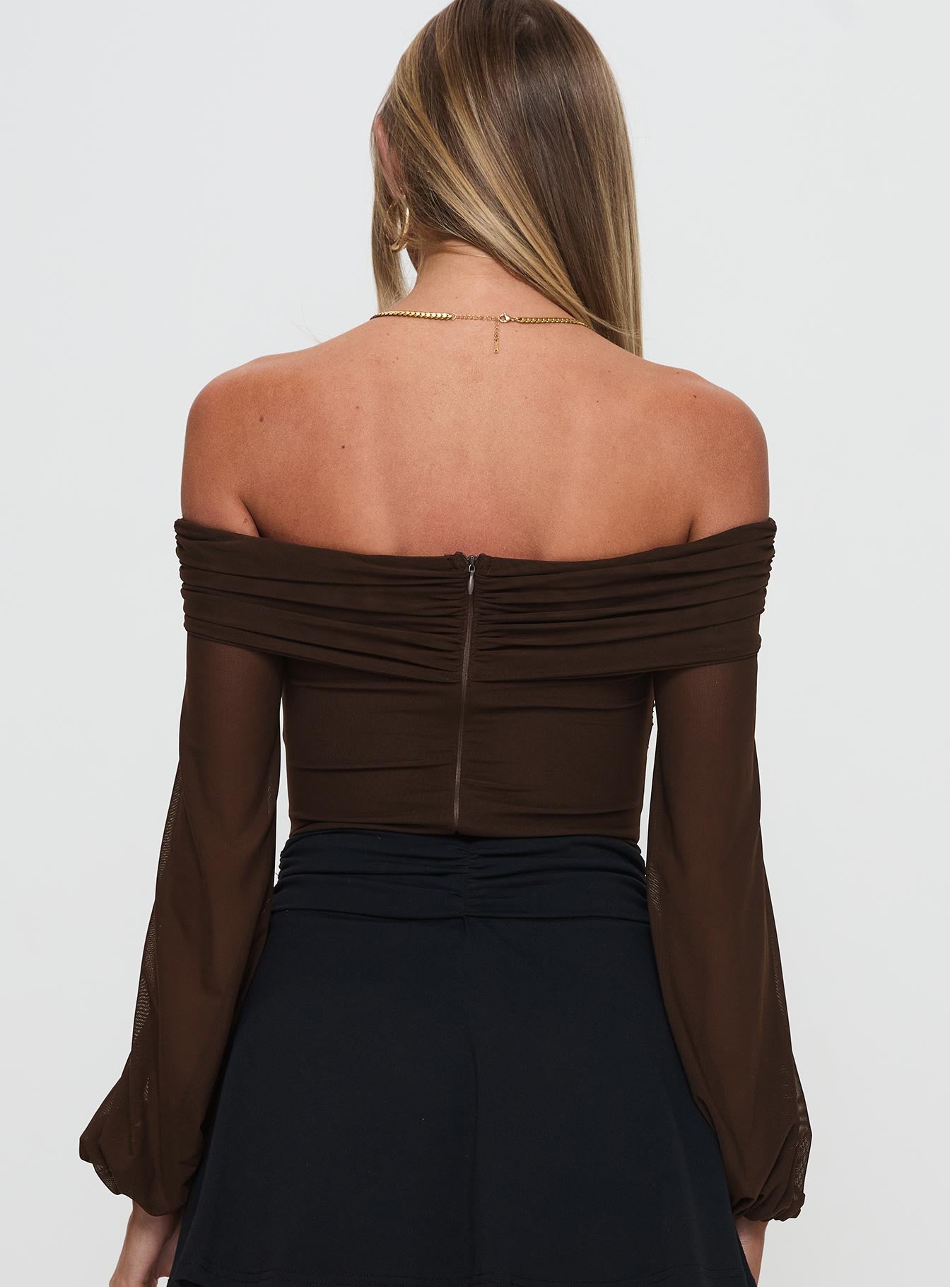 back view of model wearing Princess Polly Babette Off The Shoulder Bodysuit Brown Long Sleeve Tops 