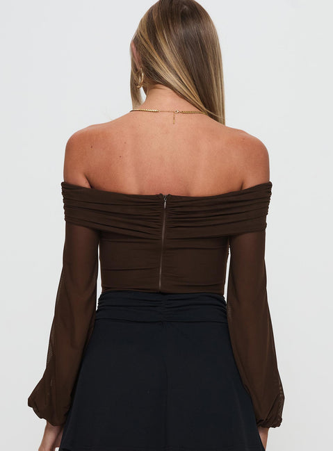 back view of model wearing Princess Polly Babette Off The Shoulder Bodysuit Brown Long Sleeve Tops 
