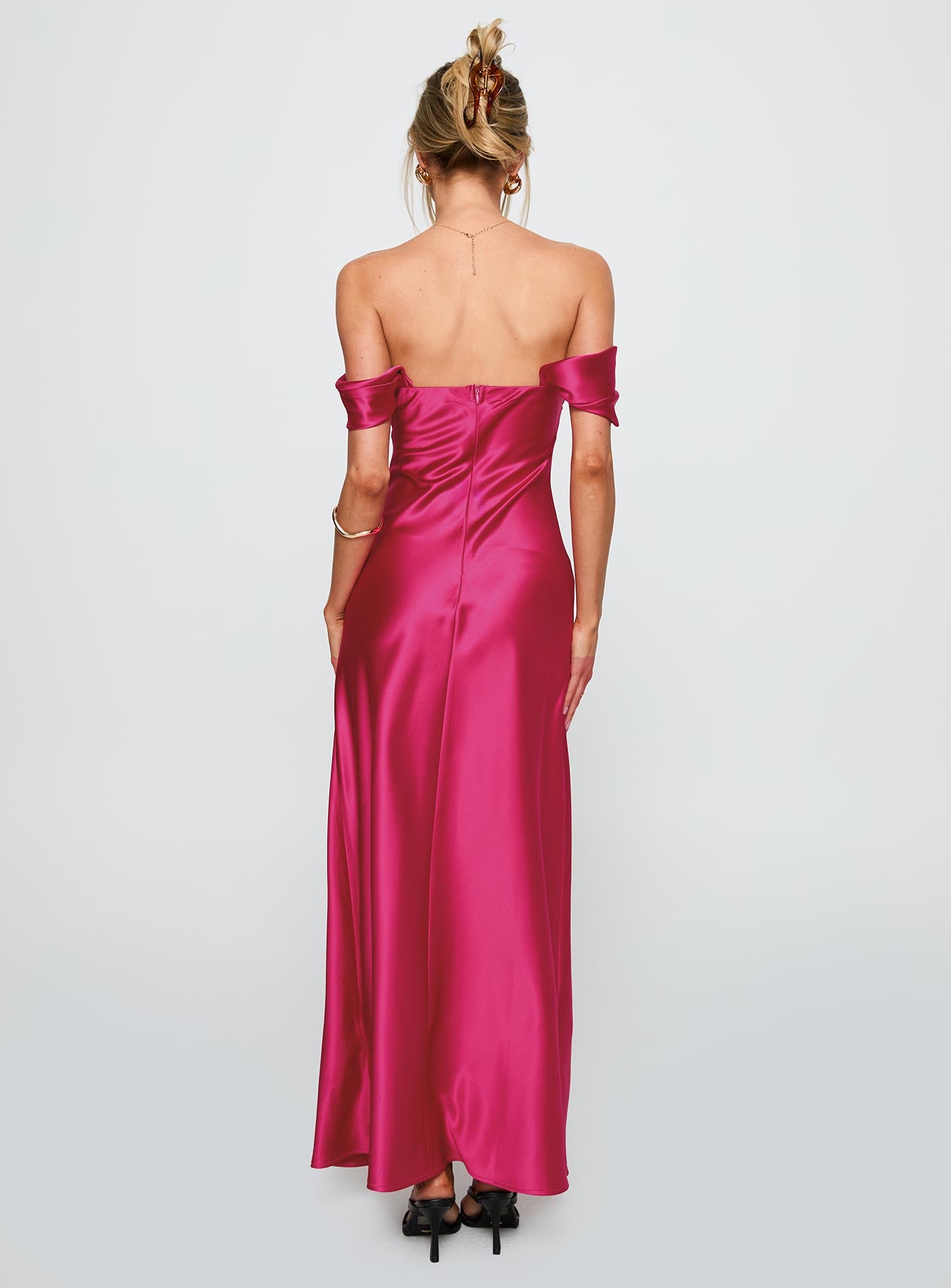 back view of model wearing Princess Polly Live For You Off The Shoulder Maxi Dress Hot Pink Sweetheart Neckline 