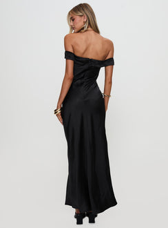 back view of model wearing Princess Polly Rava Off The Shoulder Maxi Dress Black Sweetheart Neckline 