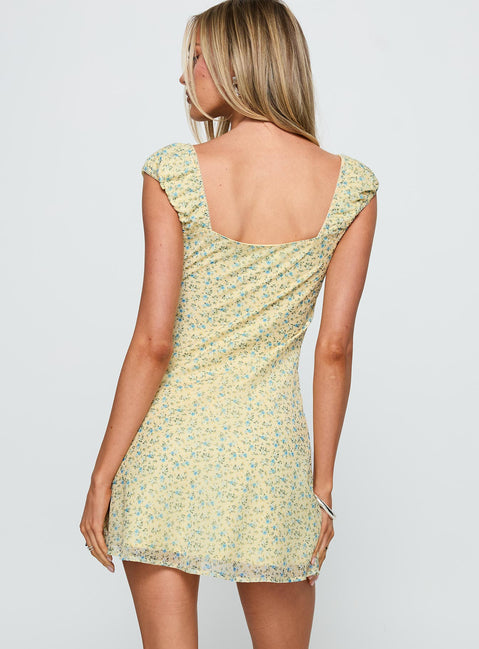 back view of model wearing Princess Polly Seyani Mini Dress Yellow Sweetheart Neckline 