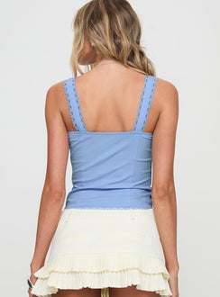 back view of model wearing Princess Polly Stellah Top Blue Sleeveless Sweetheart 