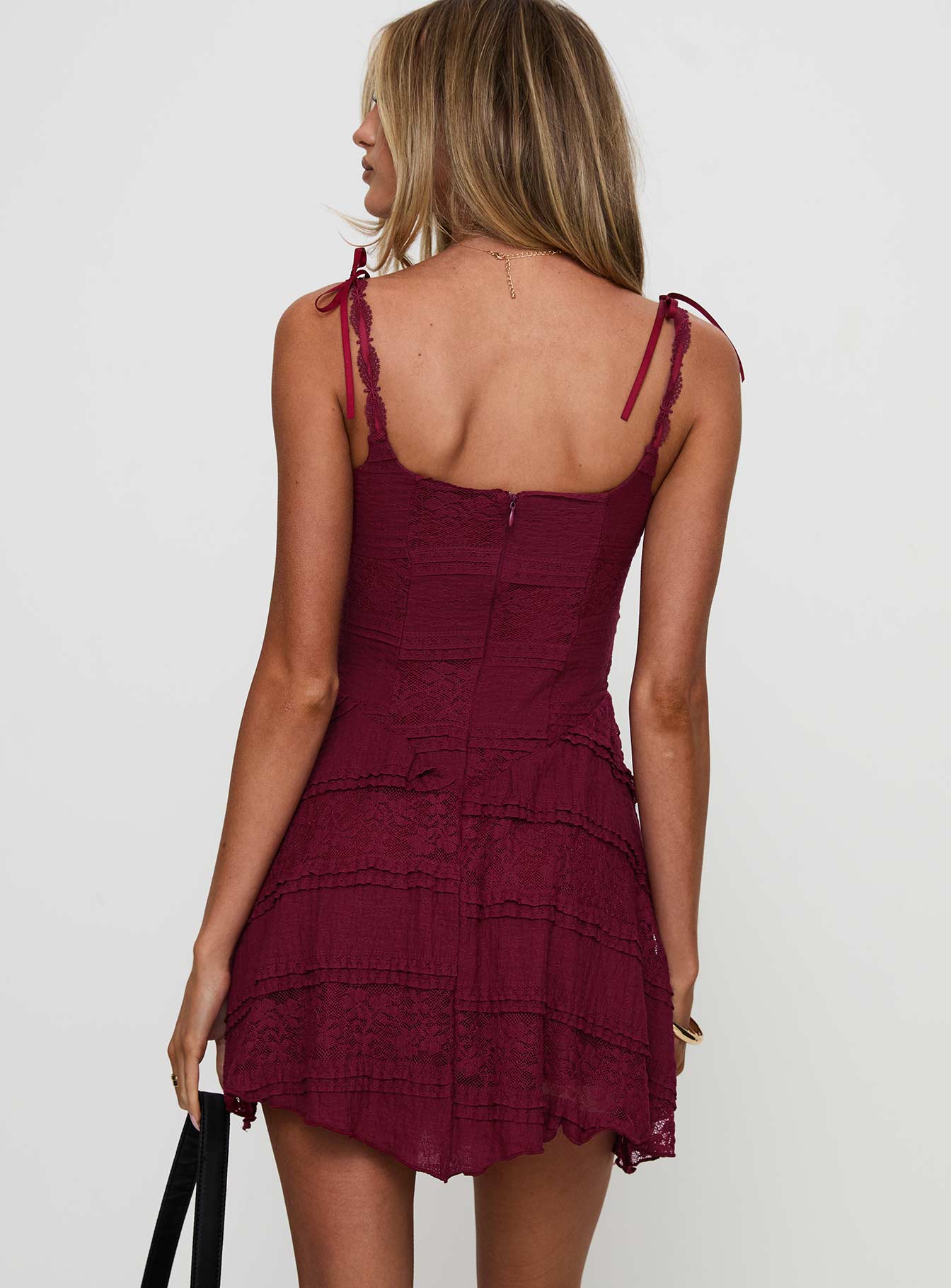 back view of model wearing Princess Polly Dwyer Mini Dress Burgundy Sweetheart Neckline 