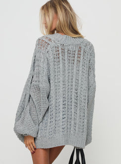 back view of model wearing Princess Polly Abner Cable Cardigan Light Grey 