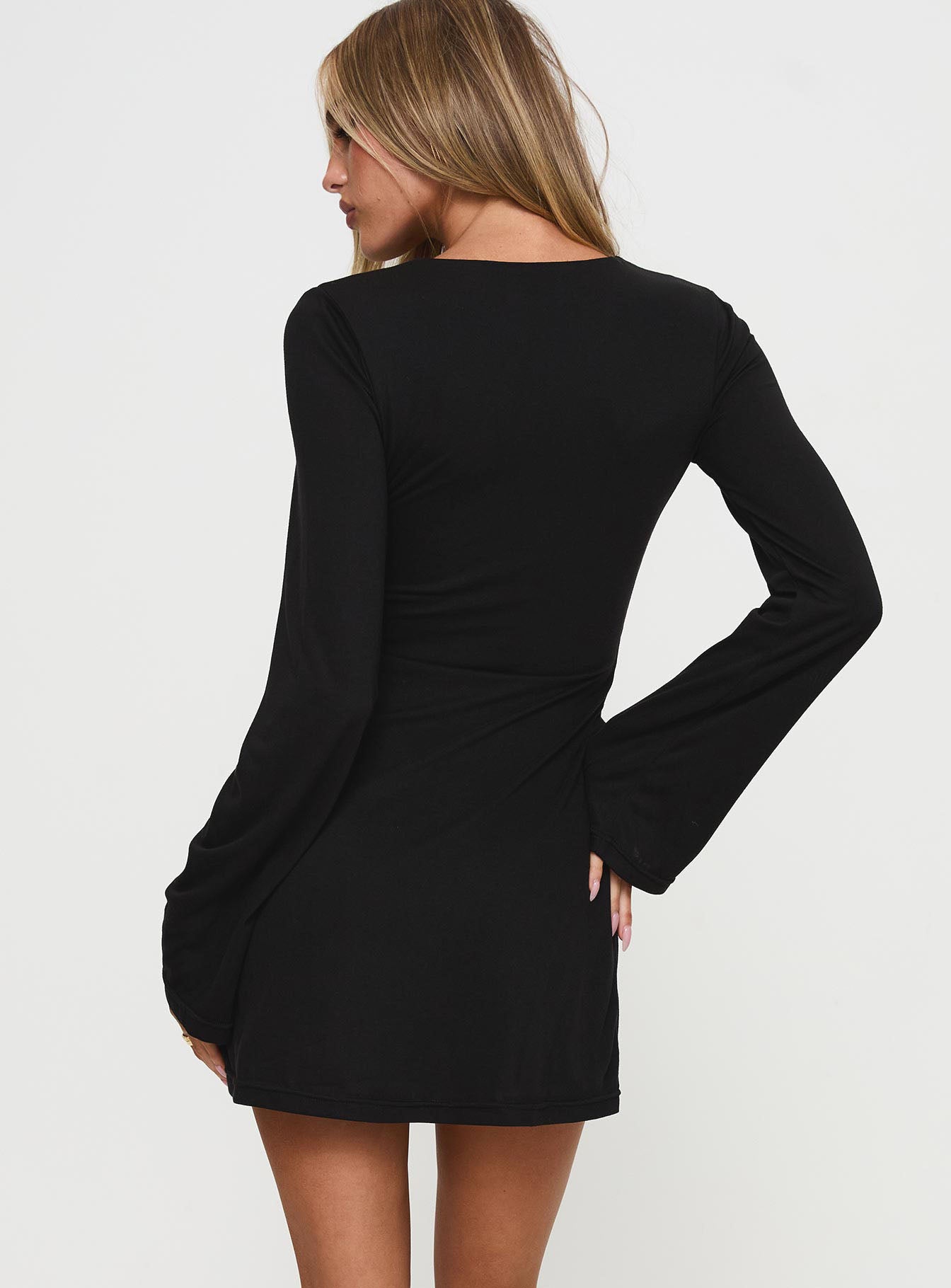back view of model wearing Princess Polly Dafnie Long Sleeve Mini Dress Black Plunger 