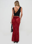 back view of model wearing Princess Polly Lombardio Lace Maxi Skirt Burgundy Maxi 