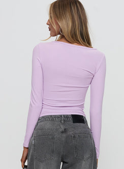 back view of model wearing Princess Polly Sadira Long Sleeve Button Up Top Lilac Full Sleeves Asymmetric Neckline 